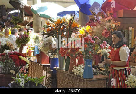 Portugal, Madeira, Funchal; flowerseller in market Stock Photo