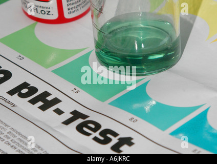 ph-value ph test, measuring cup with green coloured test liquid standing on test sheet Stock Photo