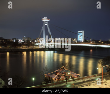 Nový Most Bridge at night, Bratislava, Bratislava Region, Slovakia Stock Photo