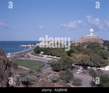 View of park and 'Incense Burner' Monument, Riyam City, Muscat, Masqat Governorate, Sultanate of Oman Stock Photo