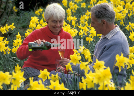 healthy happy mature couple sitting in daffodil garden enjoying wine Stock Photo