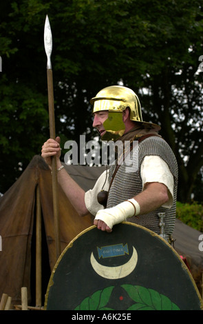 Ermine Street Guard give a display of fighting skills in the Roman Amphitheatre at Caerleon typical Roman soldier Gwent Wales UK Stock Photo