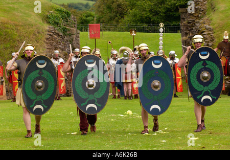 Ermine Street Guard give a display of fighting skills in the Roman Amphitheatre at Caerleon near Newport Gwent Wales UK Stock Photo