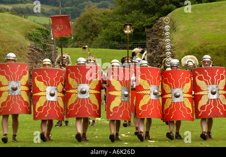 Ermine Street Guard give a display of fighting skills in the Roman Amphitheatre at Caerleon near Newport Gwent Wales UK Stock Photo