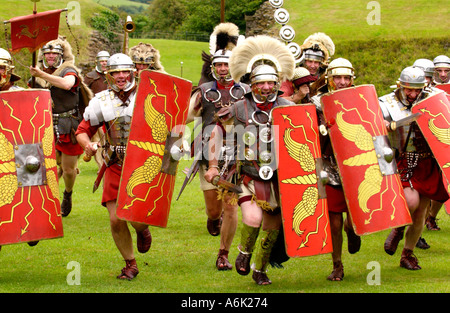 Ermine Street Guard give a display of fighting skills in the Roman Amphitheatre at Caerleon Gwent Wales UK Stock Photo