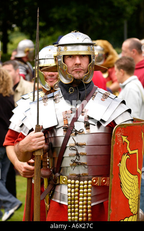 Ermine Street Guard give a display of fighting skills in the Roman Amphitheatre at Caerleon typical Roman soldier Gwent Wales UK Stock Photo