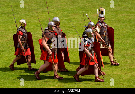 Ermine Street Guard give a display of fighting skills in the Roman Amphitheatre at Caerleon near Newport Gwent Wales UK Stock Photo