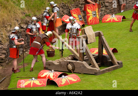 Ermine Street Guard give display of fighting skills in Roman Amphitheatre at Caerleon artillery demonstration Gwent Wales UK Stock Photo