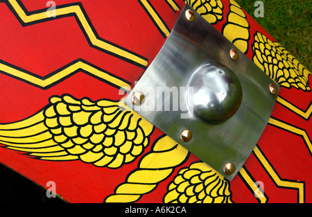 Ermine Street Guard give display of fighting skill in Roman Amphitheatre Caerleon detail Roman soldiers shield Gwent Wales UK GB Stock Photo