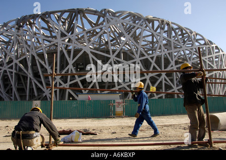 Construction site of the National Stadium known as the Bird Nest for 2008 Olympic Games in Beijing Stock Photo