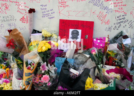 Floral tributes to murdered teenager Kodjo Yenga who was stabbed to death in Hammersmith Grove, Hammersmith, west London, UK. Stock Photo