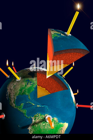 Earth globe with burning candles Environmental concept Stock Photo