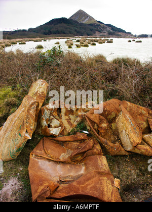 China clay spoil tip with rusty metal in foreground in Cornwall Stock Photo