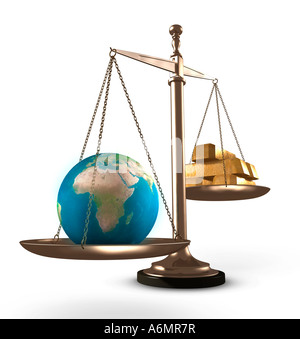 The Earth and gold bars on weight scales Stock Photo