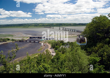 View of tram and surrounding scenics near top of Montmorency Falls, Quebec, Canada Stock Photo