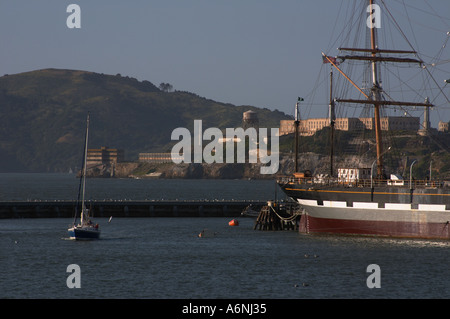 Cutter Balcluthaand sailing ship in near Hyde Street Pier Fisherman's Wharf San Francisco Bay California Stock Photo