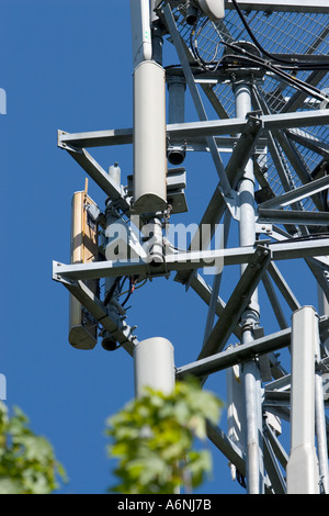 Mobile Phone base station sector antenna array close up part of a telecommunications network in bury lancashire Stock Photo