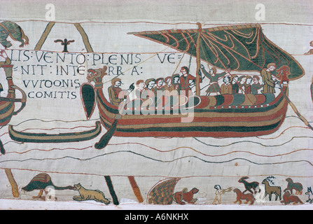 Harold steers ship across channel a scene from the Bayeux Tapestry Bayeux Normandy France Europe Stock Photo