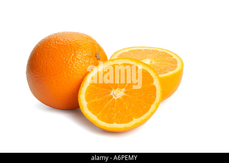 Oranges one cut in half showing flesh Stock Photo