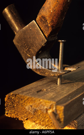 claw hammer levering nail out of lump of wood Stock Photo