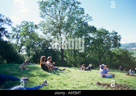 Festival Goers Looking Down On Glastonbury Festival Pilton Somerset UK Europe Stock Photo