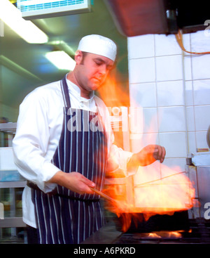 ONE PROFESSIONAL CHEF WORKING IN COMMERCIAL KITCHEN Stock Photo