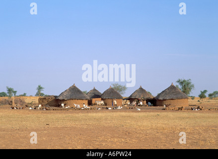 A group of traditional, thatched rondavel huts, villagers and animals in a small, remote community in Burkina Faso Stock Photo