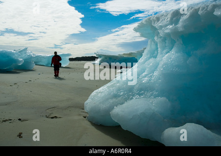 Ice formations on stranded icebergs at Akernerpaq, Angmagssalik Island, Sermilik Fjord, East Greenland Stock Photo