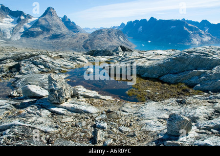 A rock pool on the Tiniteqilâq ridge, above Sermilik Fjord, East Greenland Stock Photo