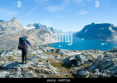 Looking across Ikâsagtivaq Fjord to Angmagssalik Island from the Tiniteqilâq ridge, Sermilik Fjord, East Greenland Stock Photo