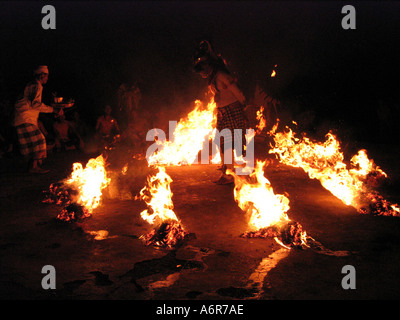 Kecak fire dance at sunset in Uluwatu Bali Indonesia Asia Stock Photo