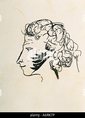 Pushkin, Alexander, 6.6.1799 - 10.2.1837, Russian author / writer, self-portrait, drawing, 1830, poet, self portrait, Stock Photo