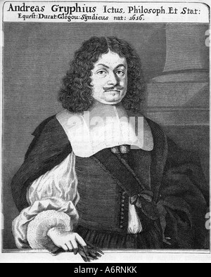 Gryphius, Andreas, 2.10.1616 - 16.7.1664, German author/writer, portrait, engraving 17th century, Andreas Greif, lyric poet, dra Stock Photo