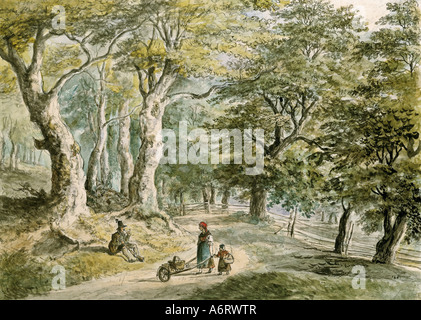 fine arts, Dorner, Johann Jakob, the Younger (1775 - 1852), forrest near Dietramszell, watercolour, 21,6x30 cm, private collecti Stock Photo