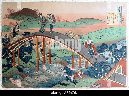 'fine arts, Katsushika Hokusai (1760 - 1849), bridge, woodcut, series 'wnderful views of famous bridge in the provinces', circ Stock Photo