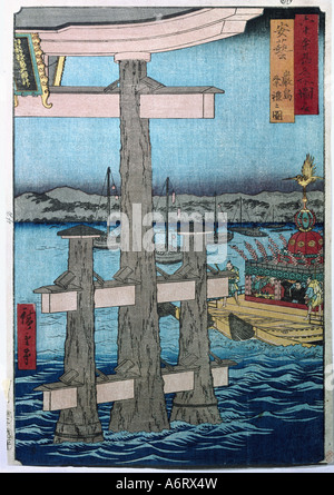 fine arts, Hiroshige Utagawa (1797 - 1858), the great Torji, woodcut, sign, Shinto temple, shintois, religion, pricession, ship, Stock Photo