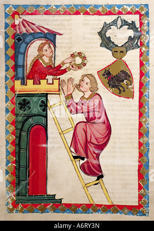 fine arts, middle ages, Gothic, illumination, Codex Manesse, Zurich, 1305 - 1340, Kraft III von Toggenburg, covering colour on v Stock Photo