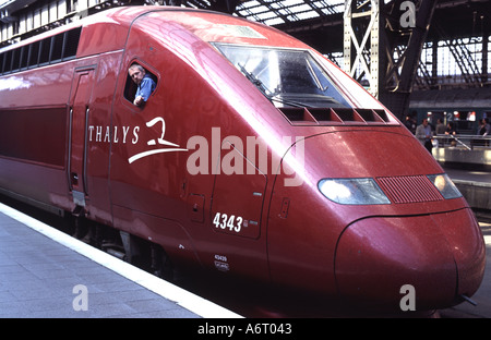 Thalys high-speed express train awaiting departure to Brussels, Cologne HBF, North Rhine-Westphalia, Germany. Stock Photo
