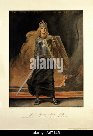 events, First World War / WWI, propaganda, Germany, poster 'Deutschland - August 1914' (Germany - August 1914), after painting by Friedrich August von Kaulbach (1850 - 1920), Stock Photo