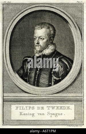 Philip II, 21.5.1527 - 13.9. 1598, king of Spain from 16.1.1556 - 13.9.1598, portrait, engraving, by J.Houbraken, 1773, historic