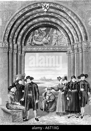 fashion, traditonal costume, Bavaria, men and women from Lower Danube district in traditional costumes, steel engraving, 19th century, historic, historical, Europe, Germany, tradition, clothes, clothing, hat, hats, gate, round arch, Romanesque, cityscape, cityscapes, city view, views, Passau, geography, travel, people, Stock Photo