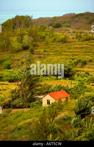 Red-roofed house in vally in Rodrigues - Note use of terracing on hillside and sea beyond Stock Photo