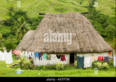 Navala Village in the Fijian highlands, the only village left in Fiji that is entirely constructed of the original Bure houses Stock Photo