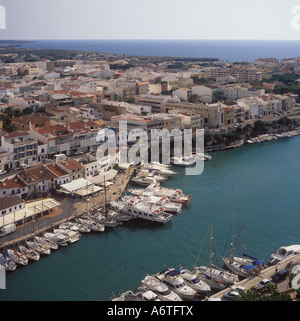 Aerial view - waterside restaurants and small craft in Calle Marina at the head of Puerto de La Ciutadella - looking South - Cit Stock Photo