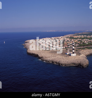 Aerial view - lighthouse at Cap d'Artrutx looking North West near Cala en Bosc ( Cala en Bosch ), South West Coast Menorca. Stock Photo