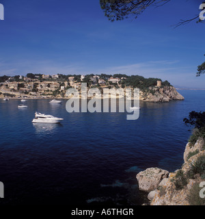 Scene with leisure craft in the bay / anchorage of Portals Vells, Calvia South West Mallorca, Balearic Island, Spain. 26th March Stock Photo