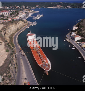 Aerial image looking North over the oil terminal ( with petroleum product carrier discharging ) and Mahon Yacht Club ( Club Mari Stock Photo
