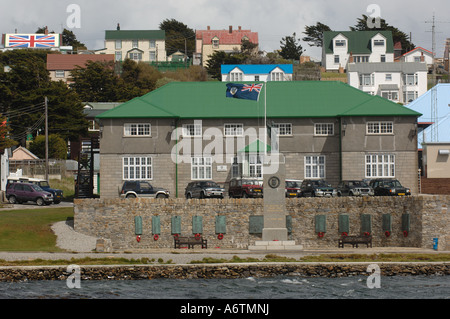 View of the liberation monument and secretariat building in Stanley, capital of the Falkland Islands Stock Photo