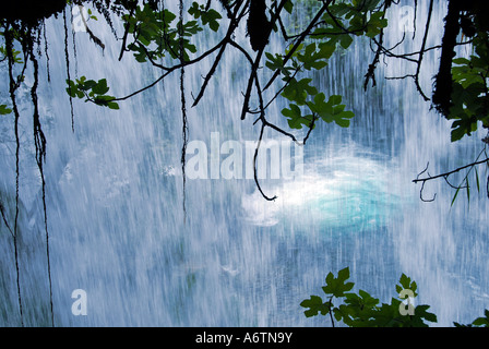 The upper Duden waterfall called Alexander Falls as well seen through a cave beneath located on the Duden River in the province of Antalya, Turke Stock Photo