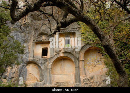 Ancient Pisidian Rock cut tombs in Termessos or Thermessos in  Mount Gulluk-Termessos National Park in Taurus Mountains, Antalya province, Turkey Stock Photo